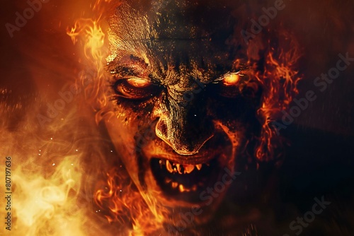 Halloween, Portrait of a scary zombie in the fire