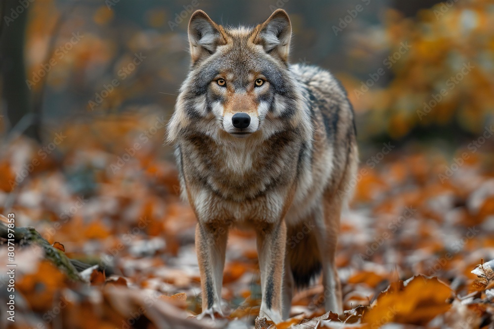 Gray wolf (Canis lupus) in the autumn forest