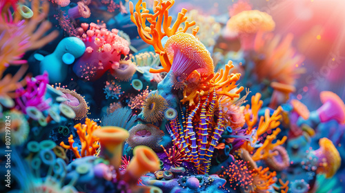 Undersea world of vibrant coral and exotic fish species in surreal colors, digital art photo