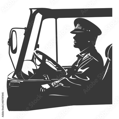 Silhouette bus driver in action full body black color only
