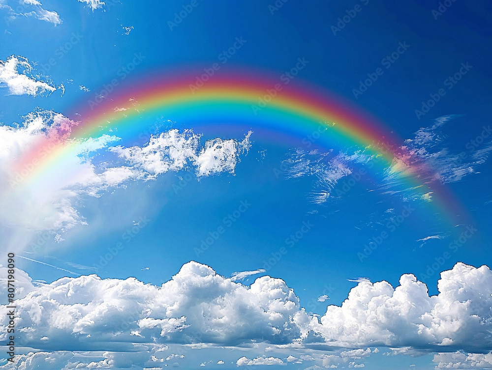 Vibrant rainbow arches high in the sky as a symbol of hope and promise.