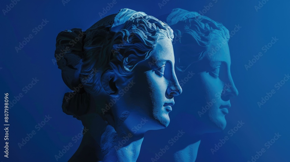 Plaster statue head and woman in profile over blue background. Plaster statue head and woman in profile over blue background.