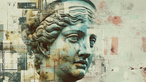 Surreal contemporary art collage featuring antique statue head.