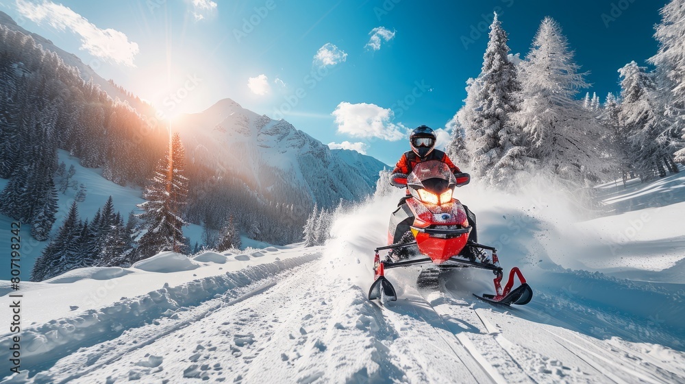 A Rider on a Snowmobile Descends the Mountains Under a Bright Blue Sky on a Sunny Winter Day