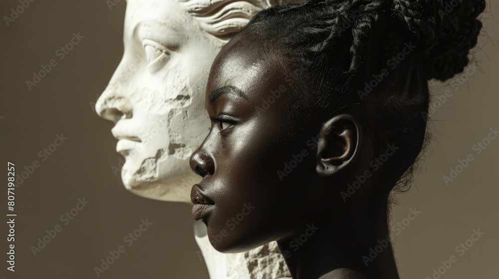 Plaster statue and African American woman in collage. Diversity and unity. Plaster statue and African American woman in collage. Diversity and unity.