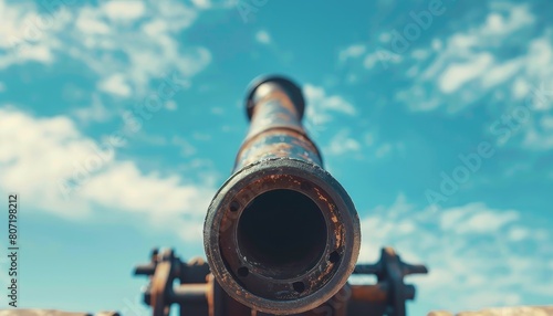 Artillery cannon against a blue sky Fragment of a war weapon photo
