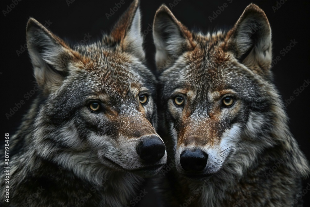 Two wolf on a black background,  Close-up portrait of two wolves