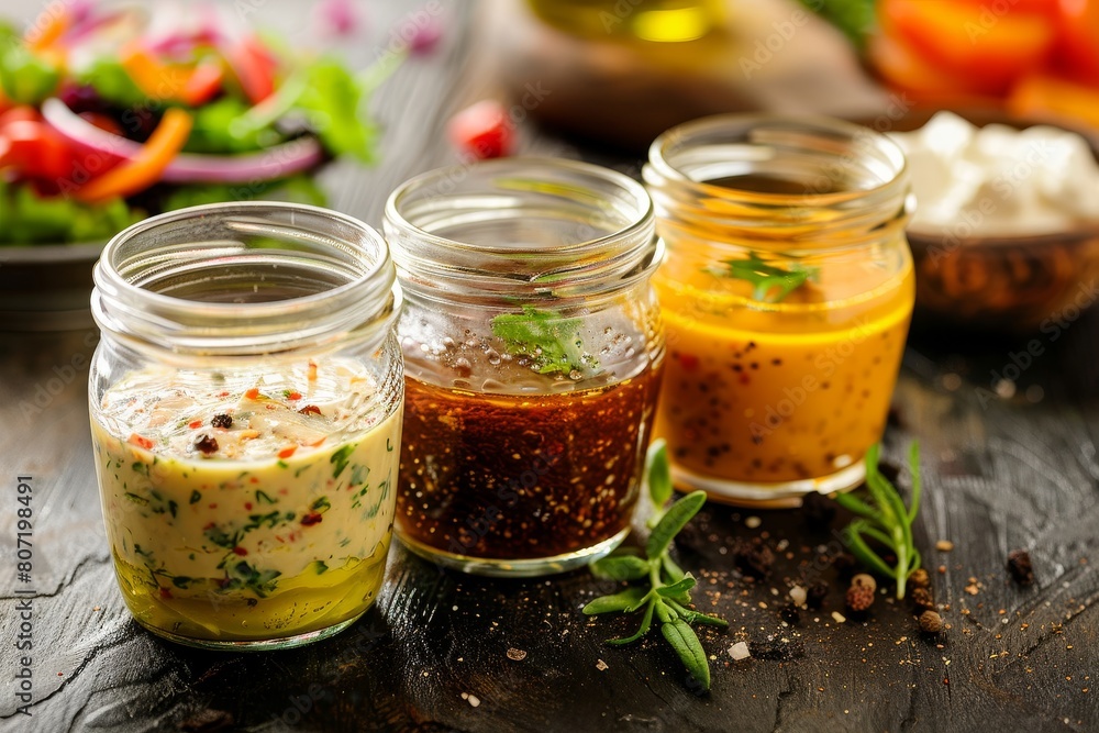 Assorted homemade sauces and dressings in jars like vinaigrette ranch and honey mustard Assorted homemade sauces and dressings in jars like vinaigrette ranch and honey mustard