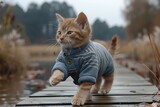 Cute little ginger kitten in sweater walking on wooden bridge over lake