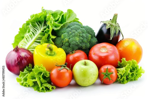 Assorted fruits and vegetables on white background