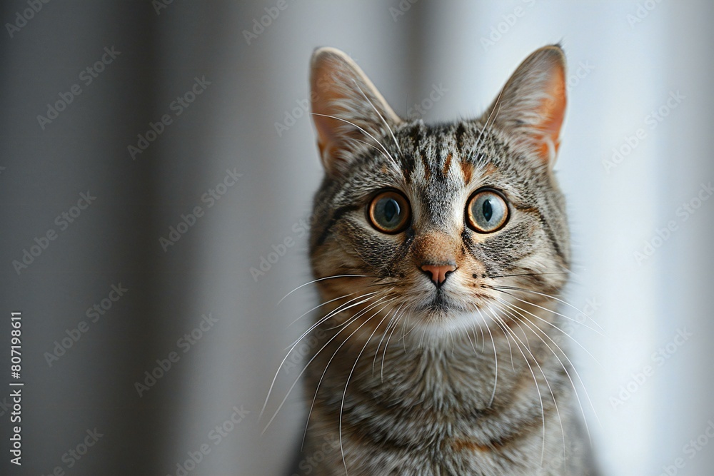 Portrait of cute tabby cat on light background, closeup