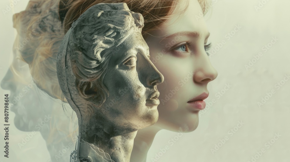 Girl in vintage attire with ancient statue head collage.