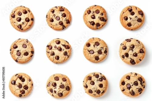 Assortment of chocolate chip cookies on white background