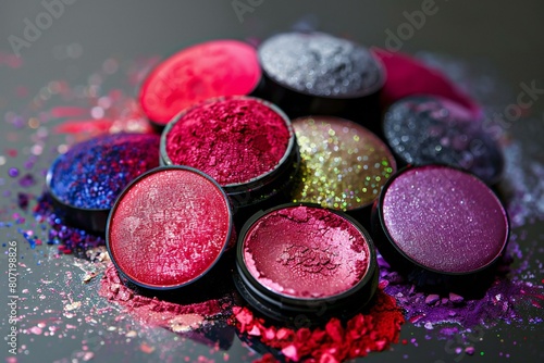 Colorful eyeshadow palette on black background, closeup