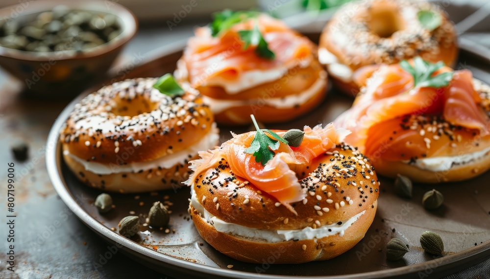 Bagels with smoked salmon cream cheese and capers displayed on a table as a plated meal Bagels with smoked salmon cream cheese and capers displayed on a table as a plated meal