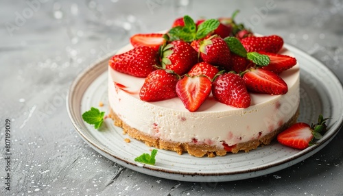 Baked cheesecake with strawberries and mint on a white plate on gray concrete backdrop