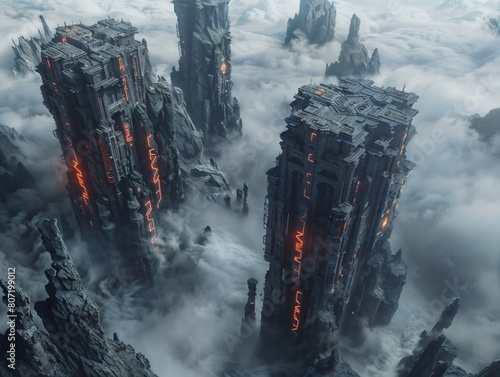 Futuristic Towers Rising Above Clouds in a Misty Mountainous Landscape