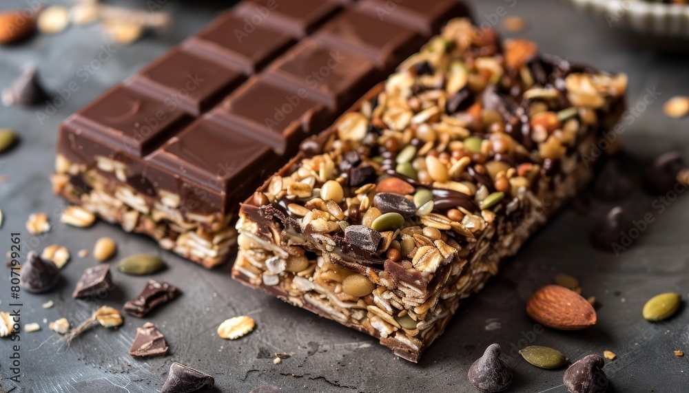Bars made of muesli and covered in milk chocolate Bars made of muesli and covered in milk chocolate