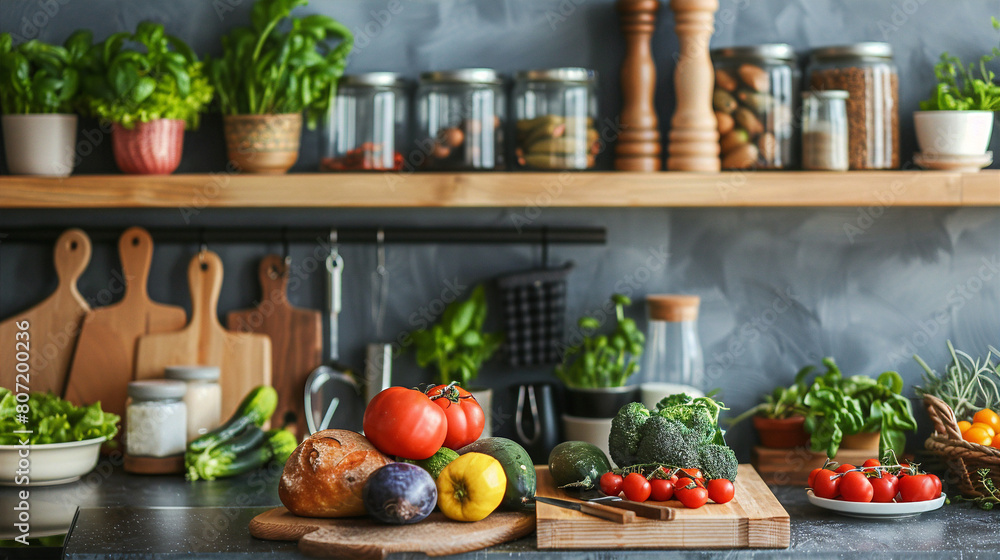 Freshly picked organic vegetables and fruits on a wooden table in a rustic kitchen interior with shelves, plants, and various kitchenware in the background