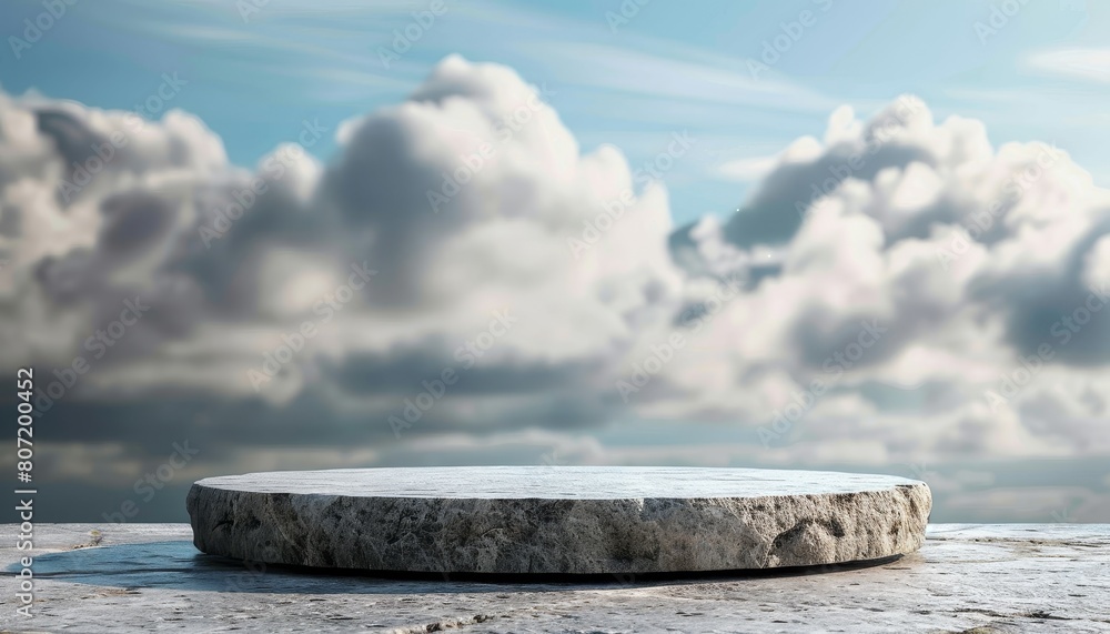 Fototapeta premium Blurred sky background with stone podium table outdoors