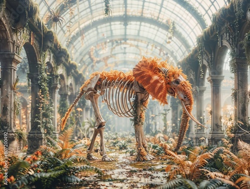 Majestic Mammoth Skeleton Adorned with Orange Moss in a Lush  Overgrown Glasshouse