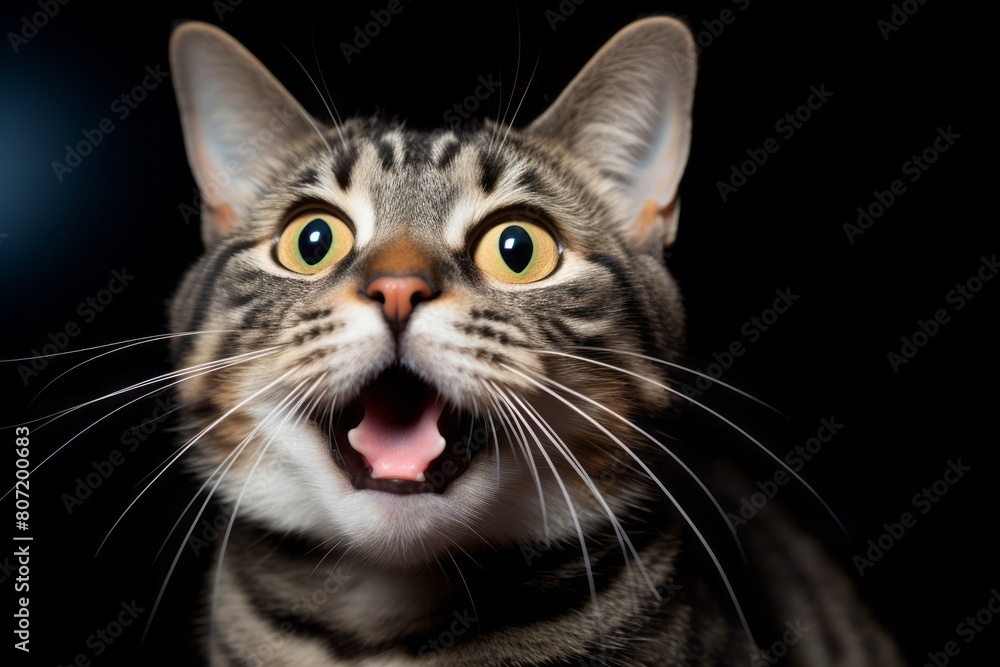 Close-up portrait photography of a smiling american shorthair cat meowing while standing against dark background