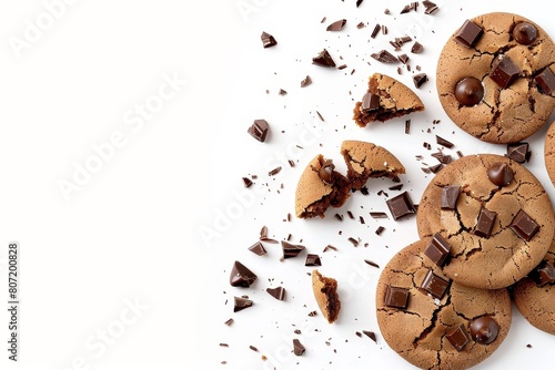 Broken chocolate cookies isolated on white background with full depth of field Top view with copy space Flat lay photo