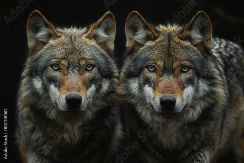 Two wolves in the forest on a dark background, close-up