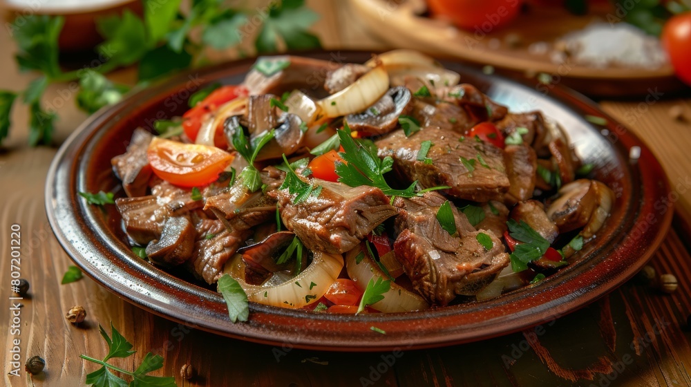 The cuisine of Bosnia and Herzegovina. Baked meat with vegetables Hadji-chevap.
