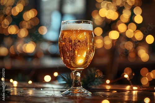 Glass of beer on a wooden table with bokeh lights background