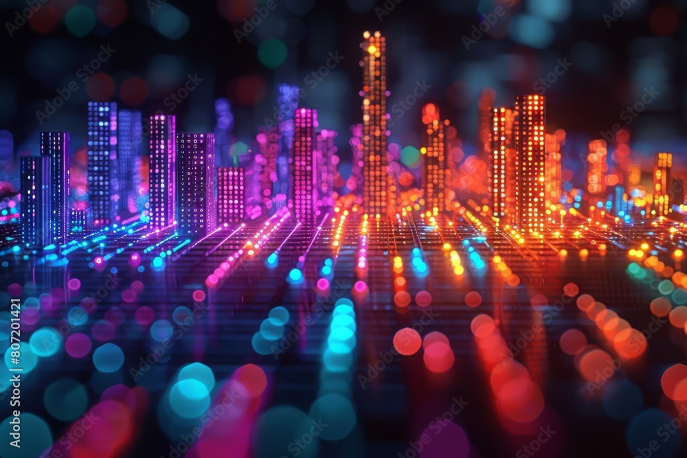 Futuristic Neon Cityscape. Luminous Buildings Sprawled Across a Digital Grid Illuminated by Multicolored Lights. Futuristic Neon Cityscape. Luminous Buildings Sprawled Across a Digital Grid Illuminated by Multicolored Lights.