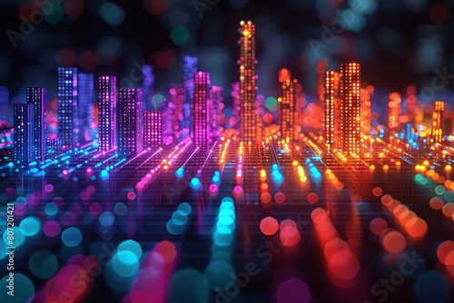 Futuristic Neon Cityscape. Luminous Buildings Sprawled Across a Digital Grid Illuminated by Multicolored Lights.
