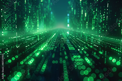 Futuristic Cyber Cityscape Illuminated in Neon Green on a Dynamic Digital Circuit Board.