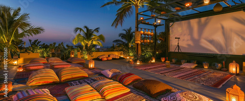 pillows and carpets in the colors of the sunset are arranged on the floor of a terrace decorated with Moroccan lanterns  in front of a screen for an outdoor movie night.
