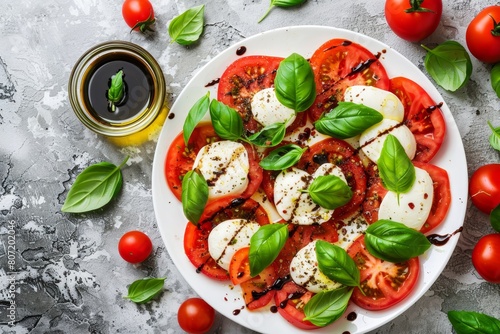 Caprese salad with balsamic and oil on stone background