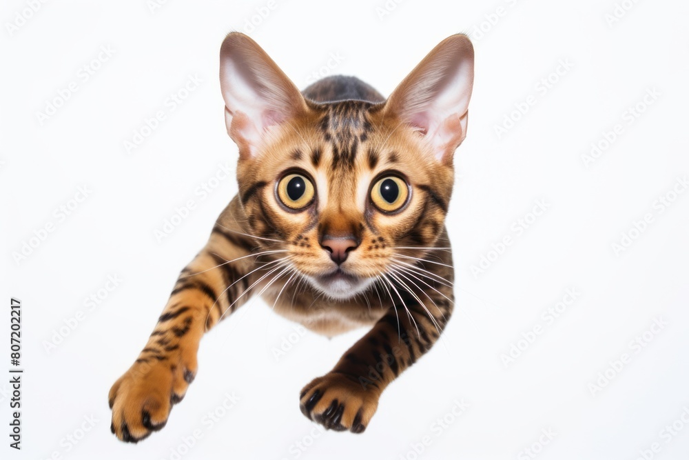 Close-up portrait photography of a curious bengal cat leaping isolated in white background