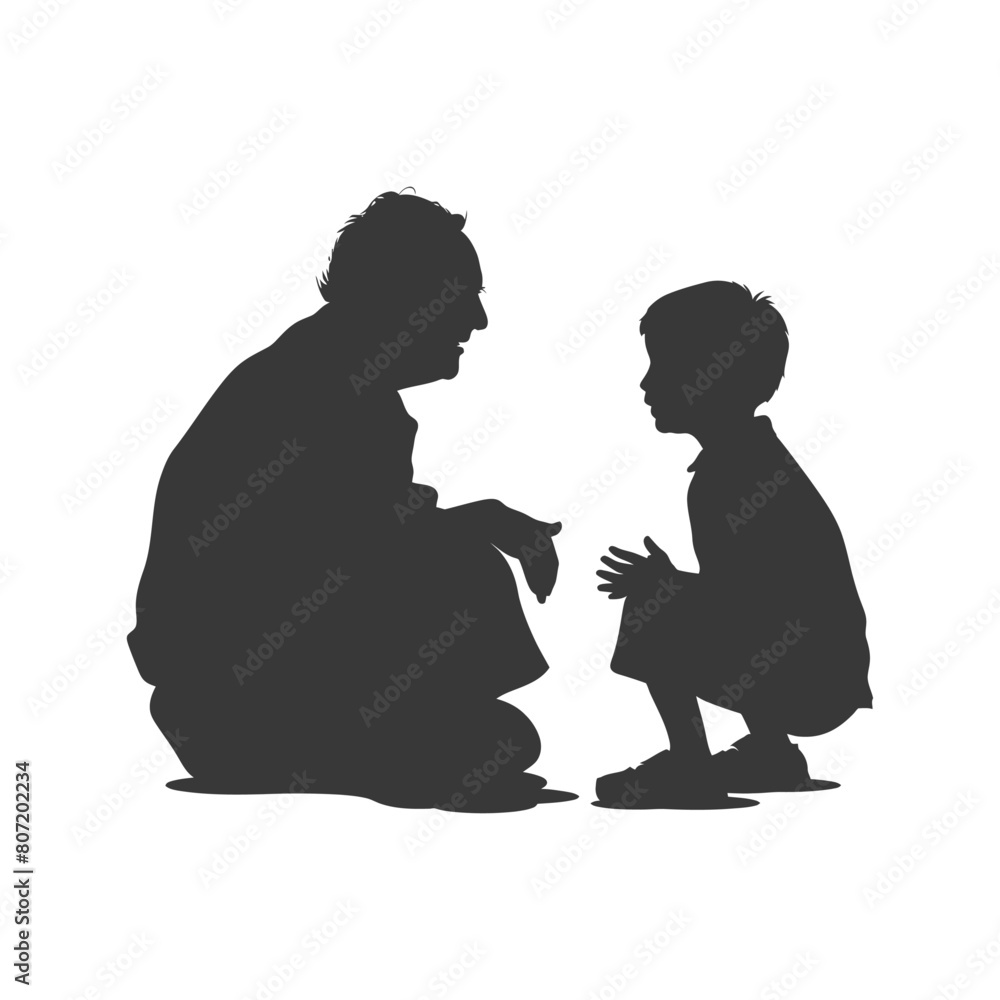 Silhouette elderly man and little boy were sitting while talking black color only Silhouette elderly man and little boy were sitting while talking black color only