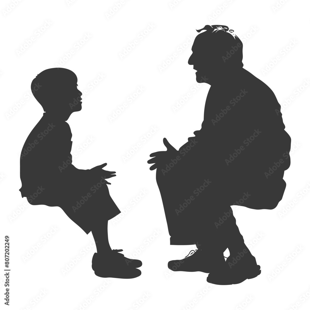 Silhouette elderly man and little boy were sitting while talking black color only Silhouette elderly man and little boy were sitting while talking black color only