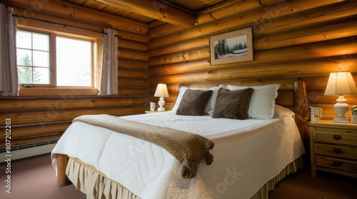 a spacious and bright log-style bedroom  featuring a cozy log-style bed adorned with a white quilt and brown pillows  complemented by a soft carpet and a nightstand adorned with cups and lamps.