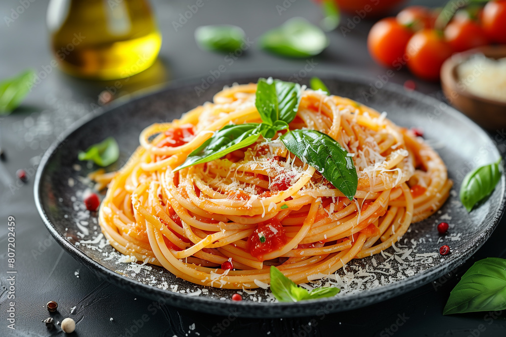 Delicious appetizing classic Italian spaghetti pasta with tomato sauce, parmesan cheese and basil on a plate on a dark table Delicious appetizing classic Italian spaghetti pasta with tomato sauce, parmesan cheese and basil on a plate on a dark table
