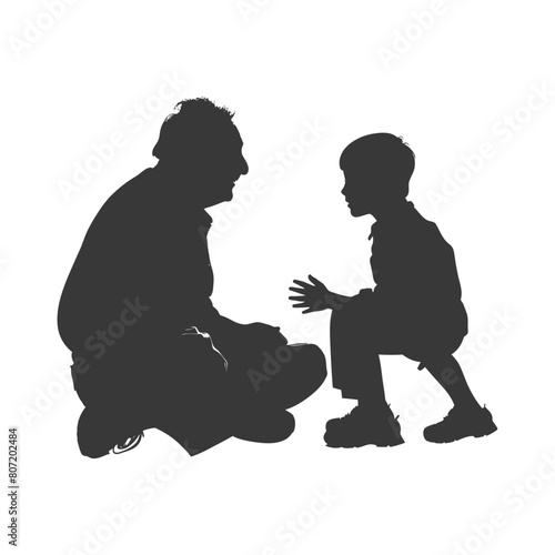 Silhouette elderly man and little boy were sitting while talking black color only