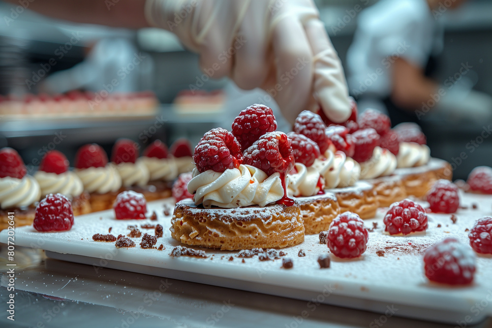 Pastry chef is completing a dessert in a hotel or restaurant kitchen Pastry chef is completing a dessert in a hotel or restaurant kitchen