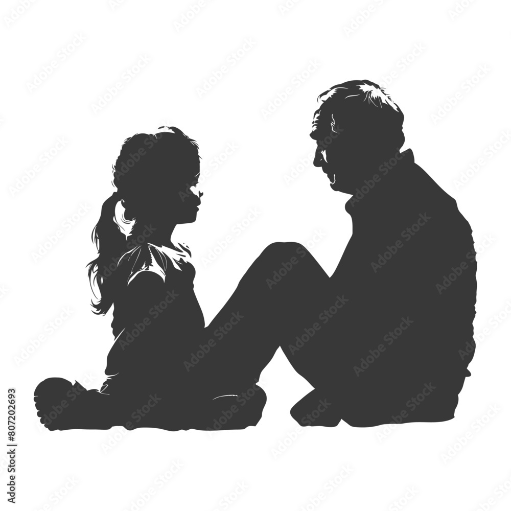 Silhouette elderly man and little girl were sitting while talking black color only