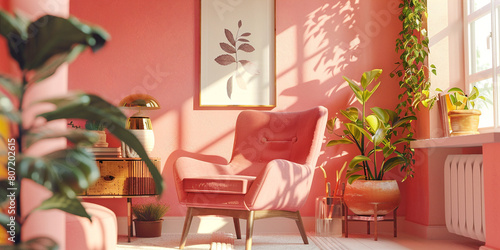 An art deco style pink living room interior with a pink armchair, plants, and a golden lamp