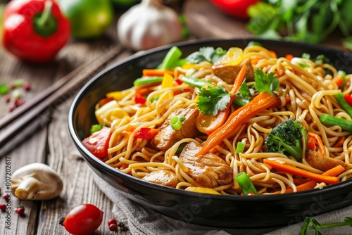 Chicken and vegetable chow mein on table