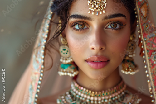 Portrait of beautiful indian girl in traditional Indian costume with kundan jewelry  photo
