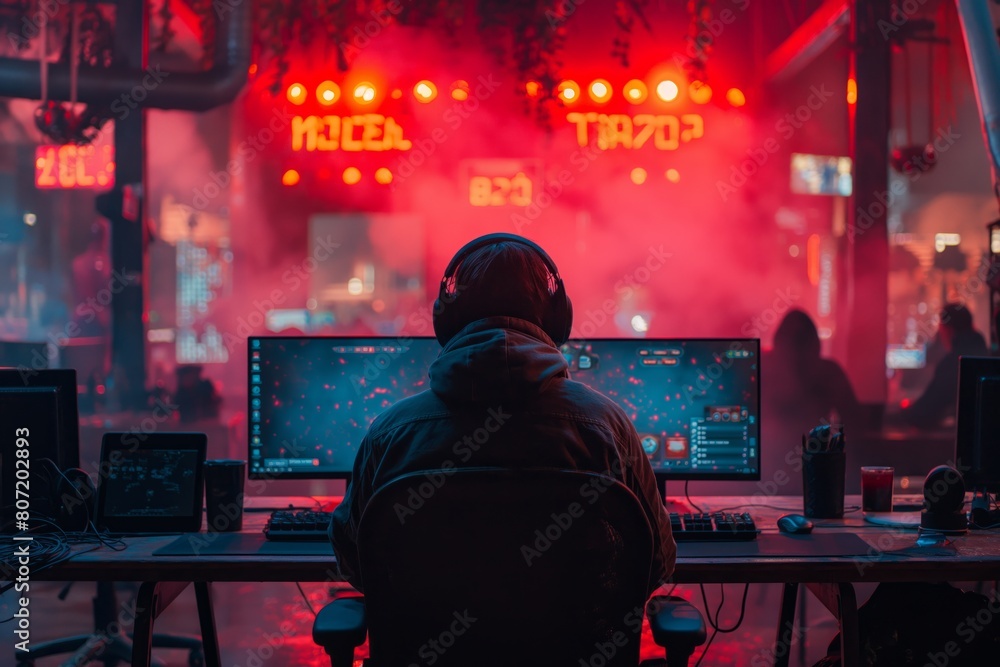 Gamer immersed in a red-lit cyber zone Gamer immersed in a red-lit cyber zone