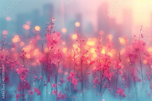 Beautiful pink flowers with colorful bokeh background  soft focus