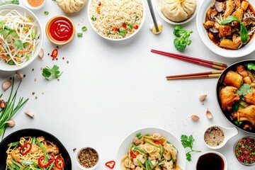 Chinese cuisine dishes on white background top view with space for text