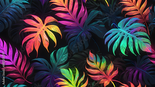 Multicolored tropical leaves backlight neon. Abstract background with palm and tropical leaves, neon